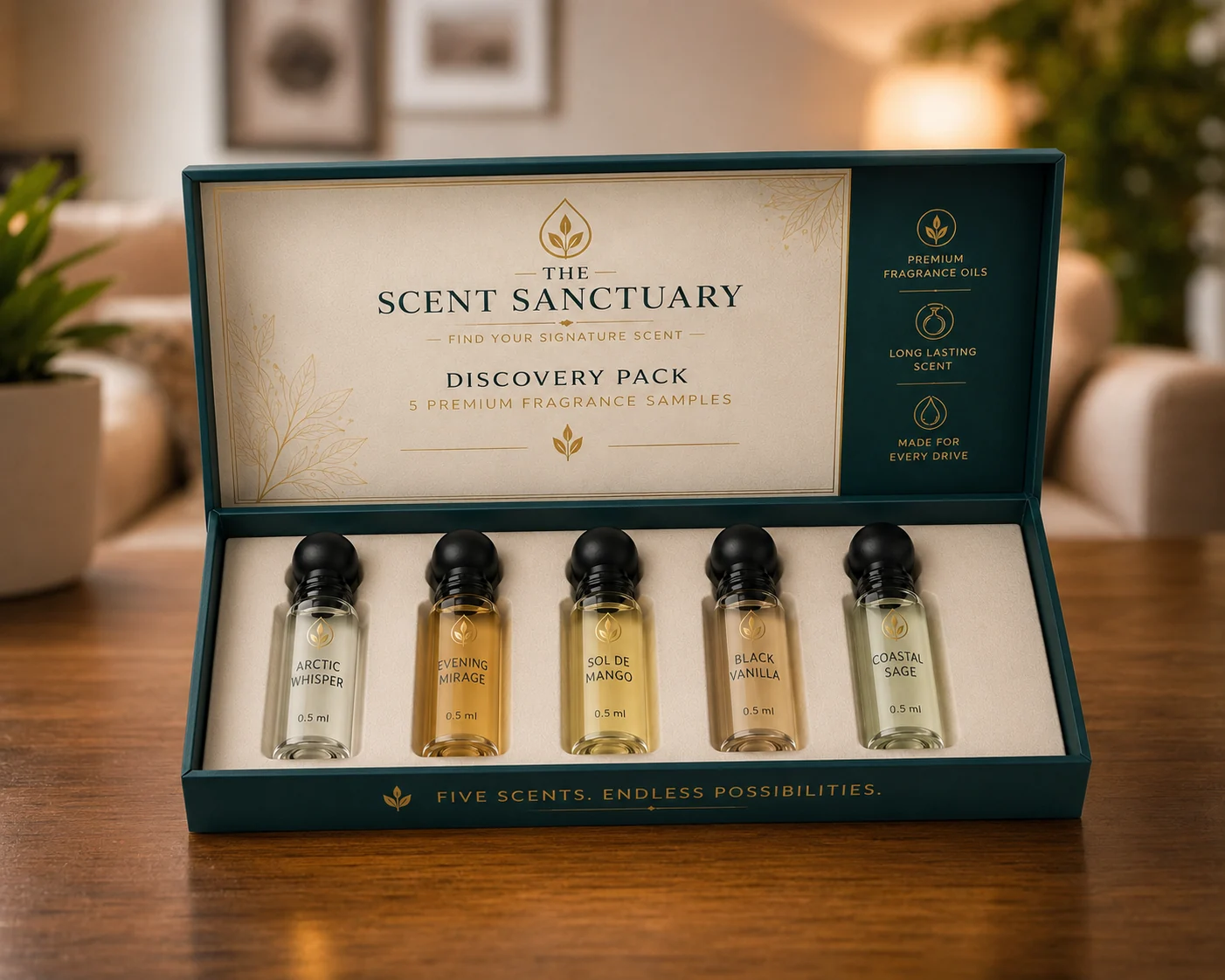 The Scent Sanctuary Discovery Pack presentation with five fragrance sample vials